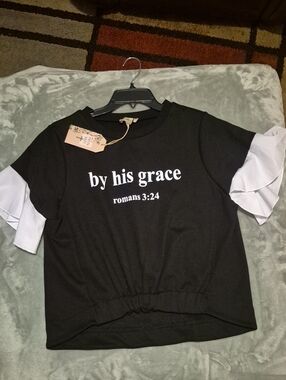 Girls Black 'By His Grace' Ruffle Sleeve Sweatshirt